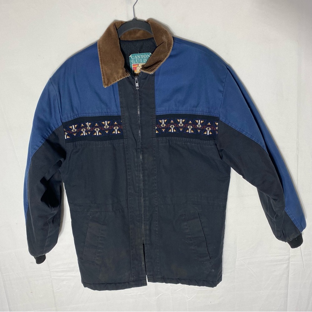 Vintage 90s Canyon Guide Outfitters Black Blue Coat W Aztec Decorative Strip S